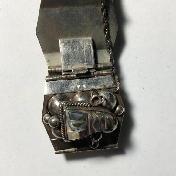 Vintage Sterling Silver Panel Bracelet Abalone Aztec Taxco Mexico Eagle Head - Picture 7 of 15